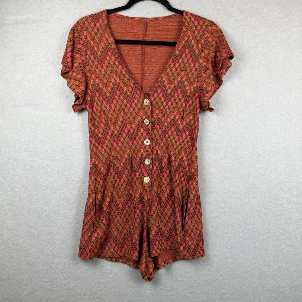 Free People Phoenix Chevron Orange Button Up 70s Vibe Short Romper Sz S?‎ *read